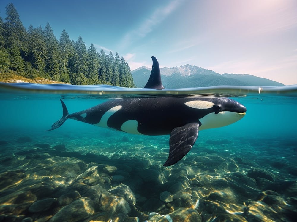 Photographie Réaliste d'Aileron d'Orque Submergé Hors de l'Eau
