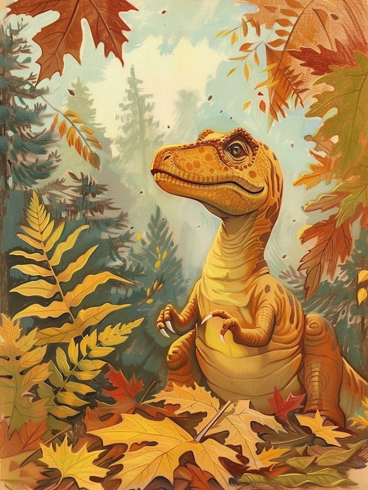 Dinosaur In The Autumnal Leaves Vintage Storybook Style