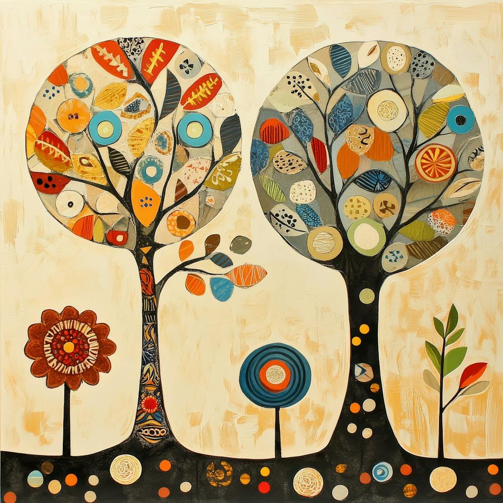Folk Art Style Mosaic Trees 4