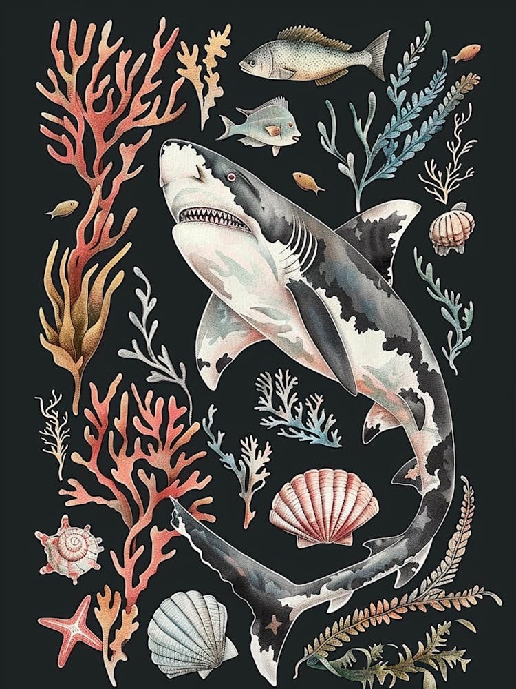 Nurse Shark Seascape Black Background Illustration 1