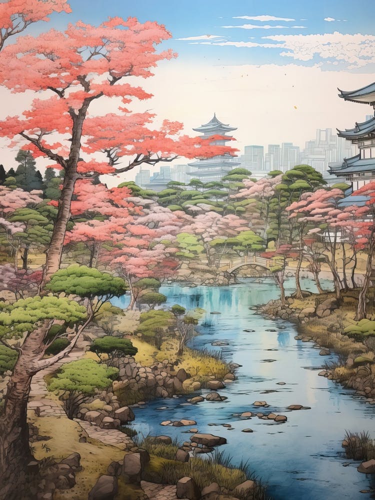 Rikugien Garden In Tokyo, Ukiyo E Drawing 1