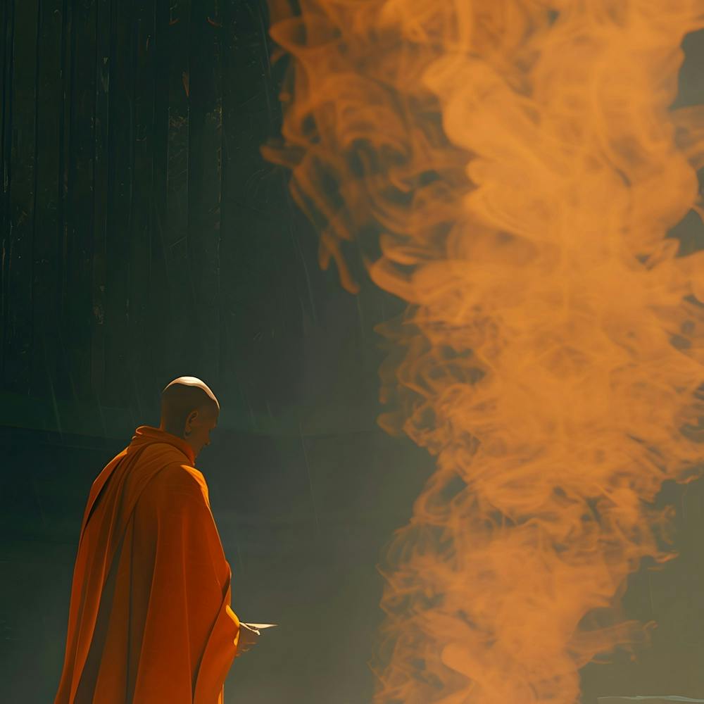 Monk Standing In Front Of Fire