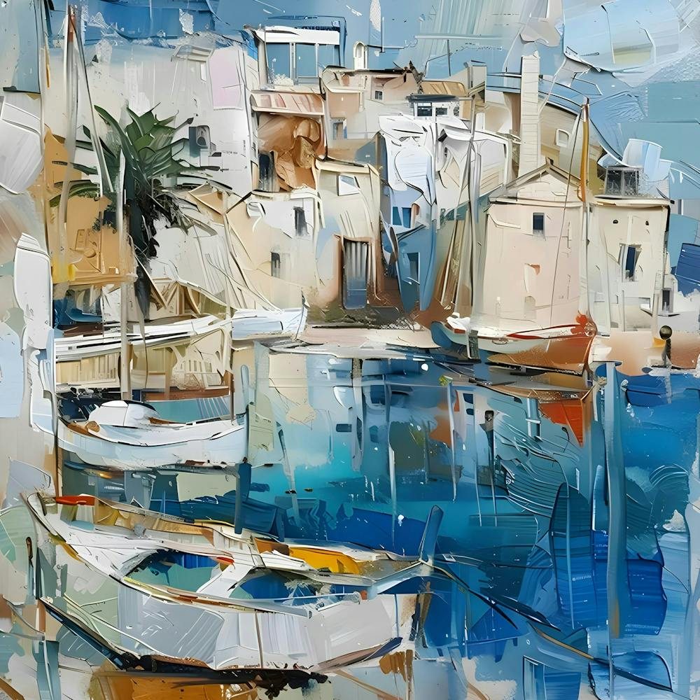 Mallorcatherapy. Abstraction. sea, boat, Mallorca, abstraction, painting for the interior, palm tree, harbour, marina, yachts, bay, house by the sea, seascape