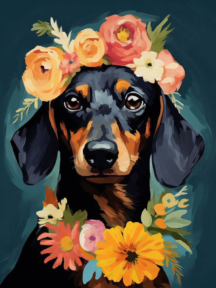 Dachshund Portrait With A Flower Crown, Matisse Painting Style 3