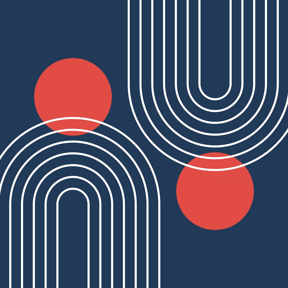 Mid Century Modern Geometric C16 In Navy Blue And Coral (Rainbow And Sun Abstraction) 02