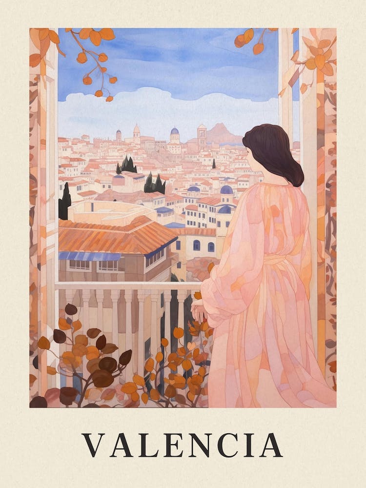 Valencia Spain 6 Vintage Pink Travel Illustration Poster