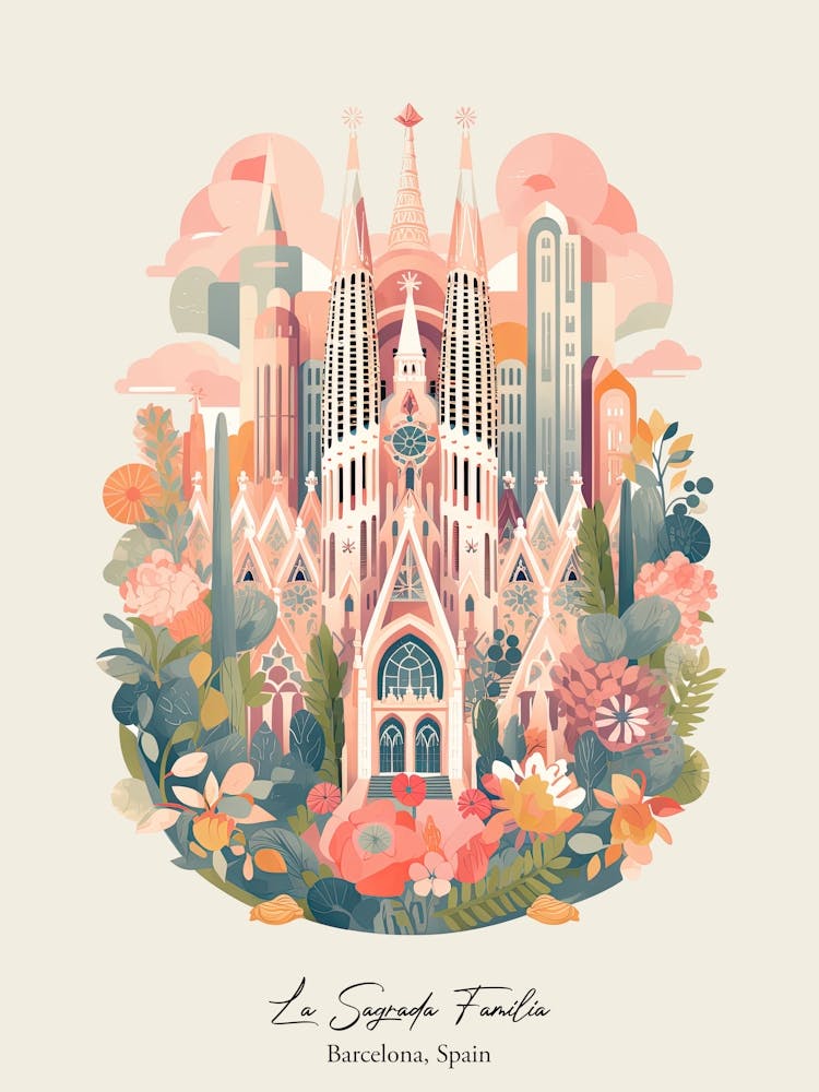 La Sagrada Familia   Barcelona, Spain   Cute Botanical Illustration Travel 3 Poster