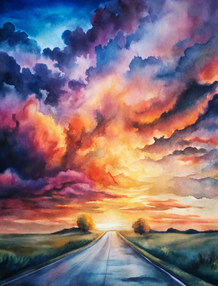 A Dramatic Sunset With Vivid Clouds And A Road Di