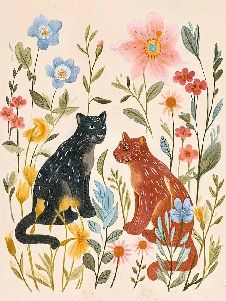 Folksy Floral Animal Drawing Panther 2