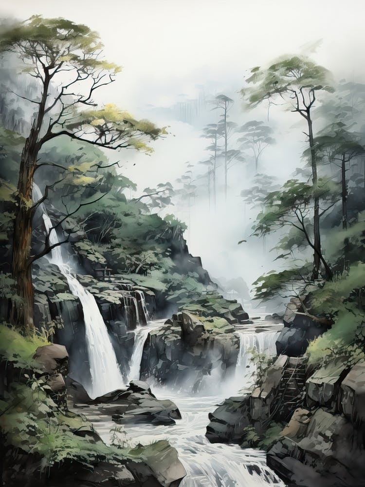 Nachi Falls In Wakayama Nikko In Tochigi, Japanese Brush Painting, Ukiyo E, Minimal 4