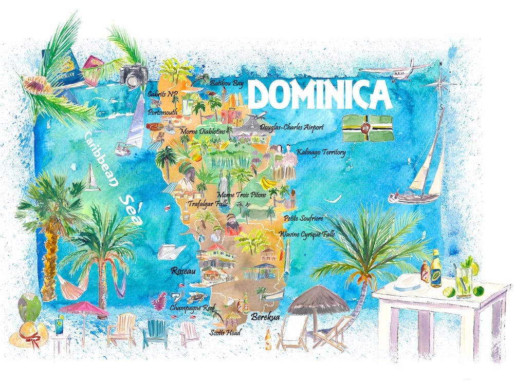 Dominica West Indies Illustrated Travel Map With Roads And Highlights