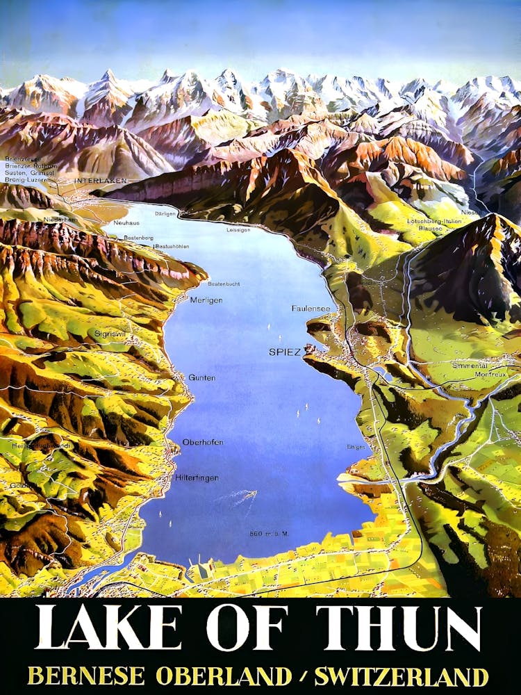 Lake Of Thun Map, Bernese Oberland, Switzerland, Travel Poster
