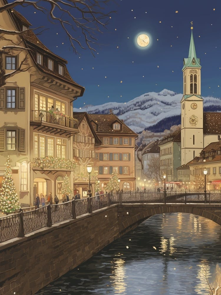 Vintage Winter Illustration Zurich Switzerland 5