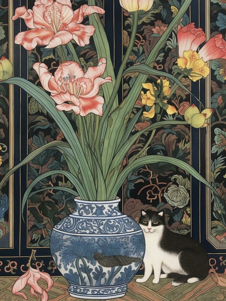 Cat Sitting Beside Blue Flower Vase