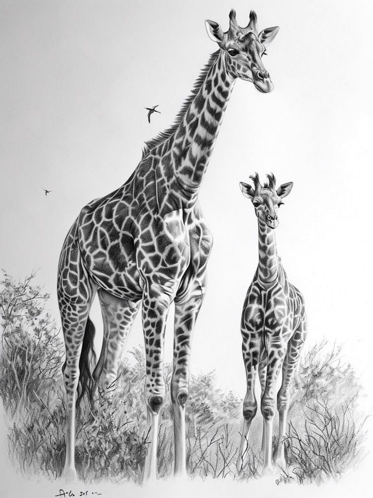 Giraffe & Calf Pencil Portrait  3