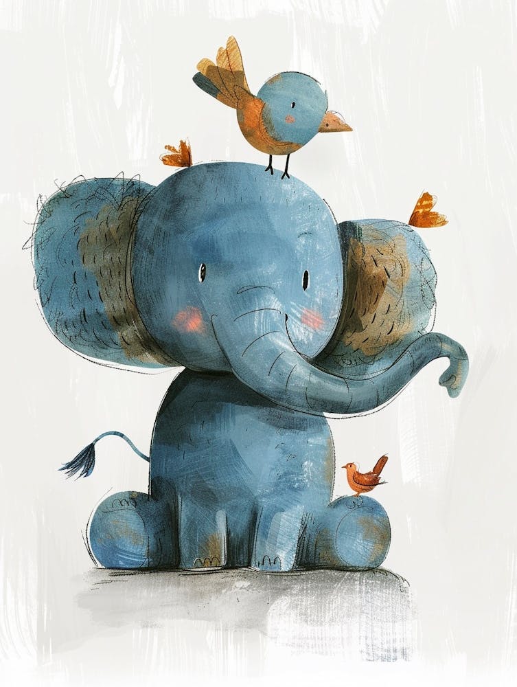 Petit Éléphant Joyeux Avec Un Oiseau Sur Sa Tête 10