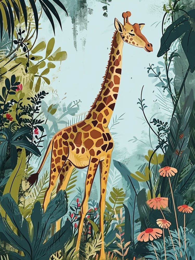 Modern Illustration Of A Giraffe In The Plants 6