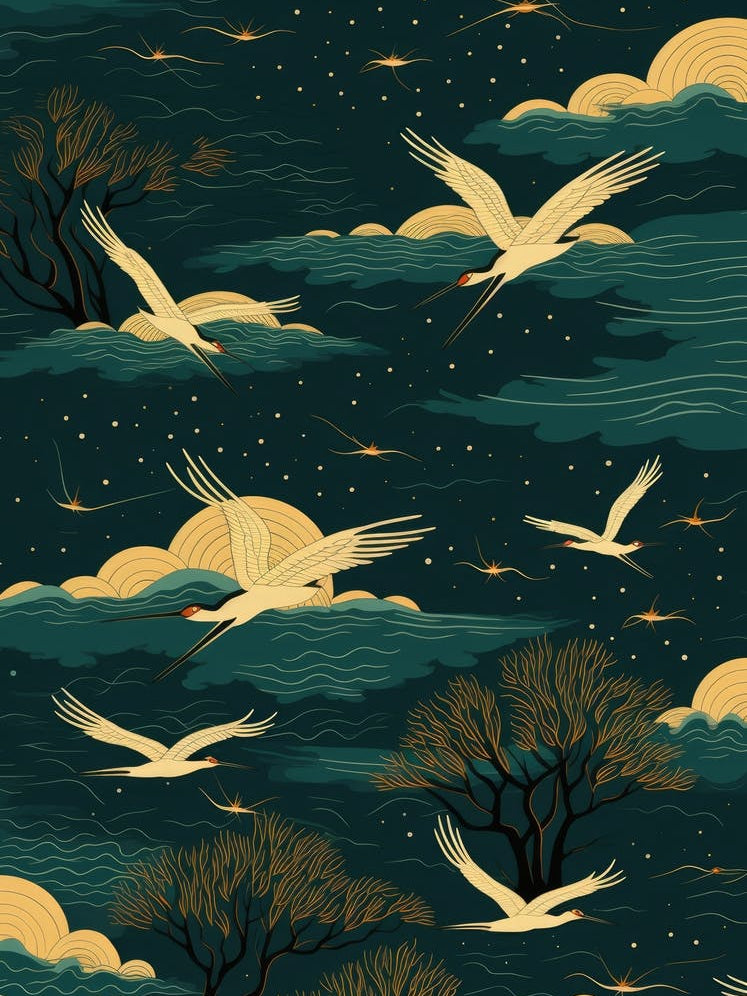 Seamless Pattern With Cranes