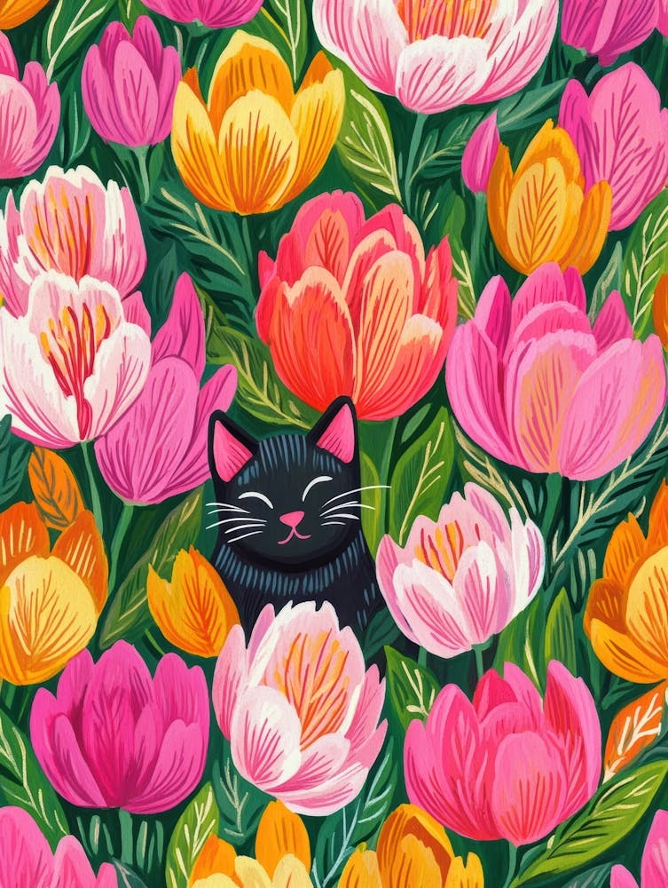 Black Cat In Tulips