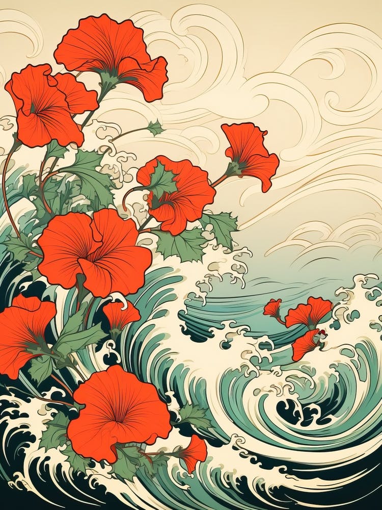 Great Wave With Morning Glory Flower Drawing In The Style Of Ukiyo E 3