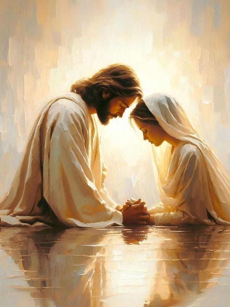 Divine Reflections, Christian Wall Art, Jesus Praying With Woman, Jesus Painting, Lds Art, Bible Painting, Jesus And Woman, Jesus Wall Art