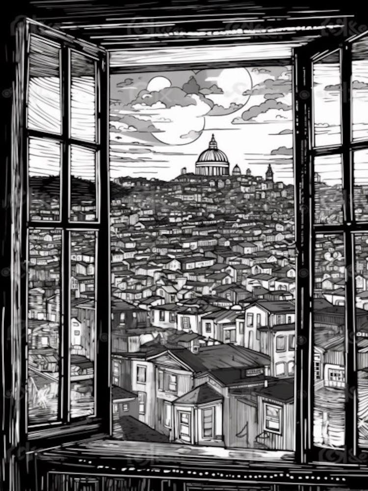 A Window View Of San Francisco In The Style Of Black And White  Line Art 4