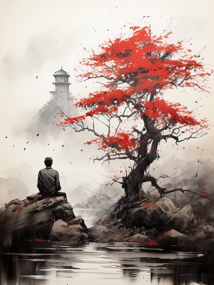 Man And Tree, Japanese Brush Painting, Ukiyo E, Minimal 1