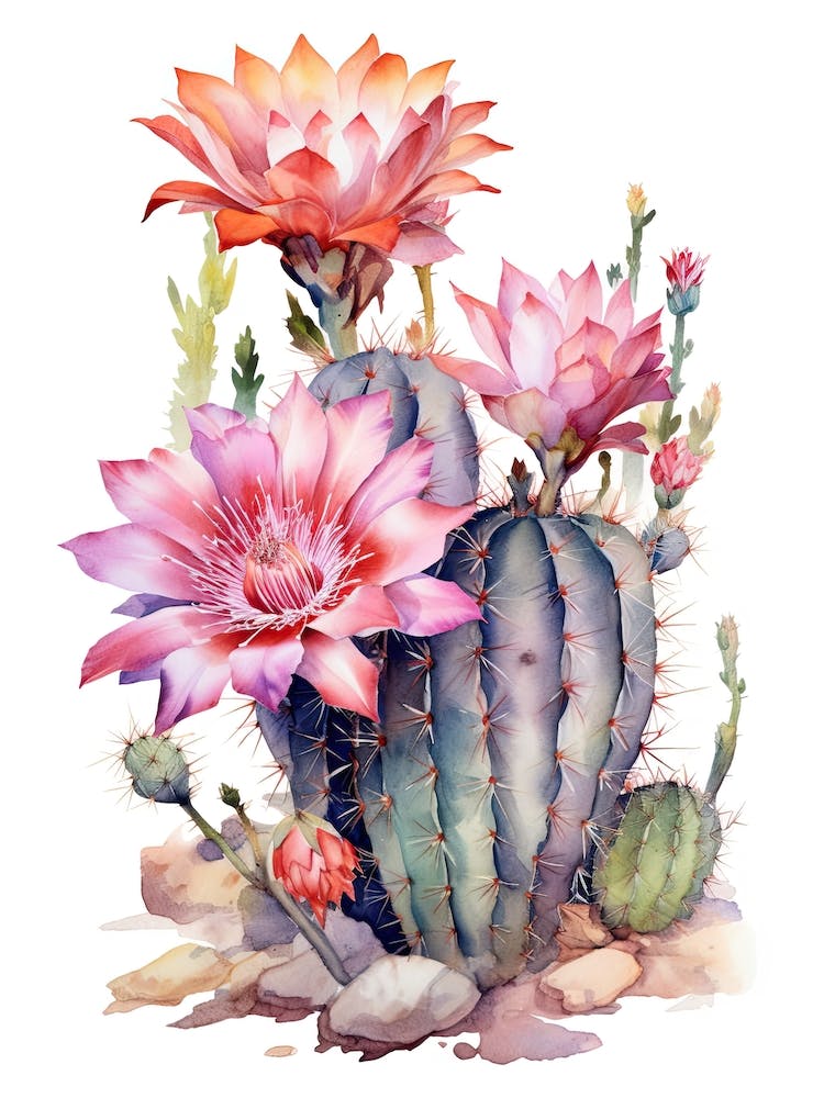 Stenocactus Cactus Watercolour Drawing 1