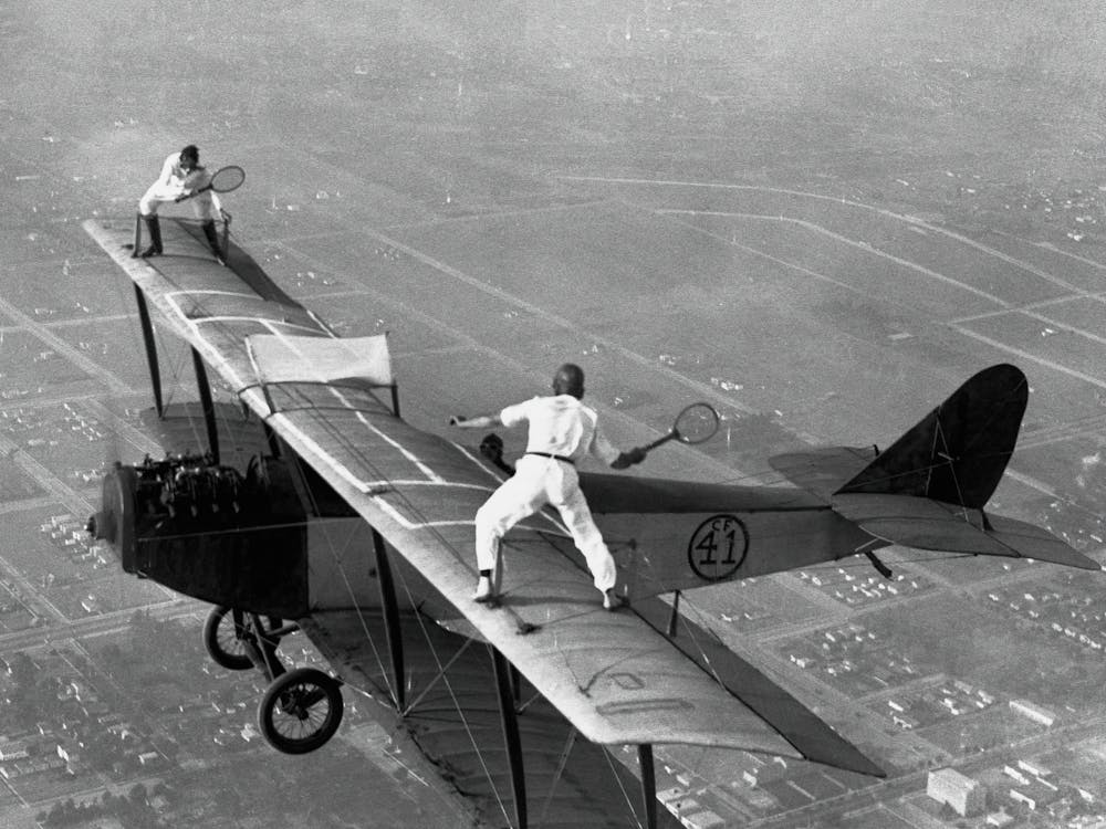 Tennis On An Airplane Vintage Black and White Photo