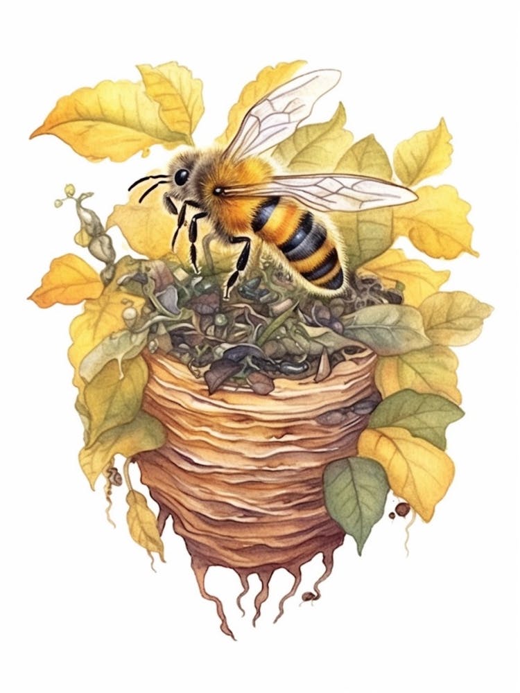 Yellow Bumble Bee Beehive Watercolour Illustration 1