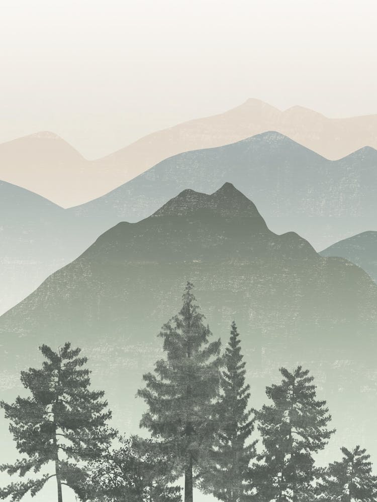 Mountain Landscape in Sage Green and Beige, Pine Trees, Mist, Minimalist