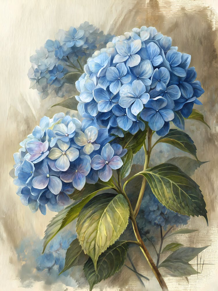 Grappe d'Hortensias Bleus - Style Peinture à l'Huile