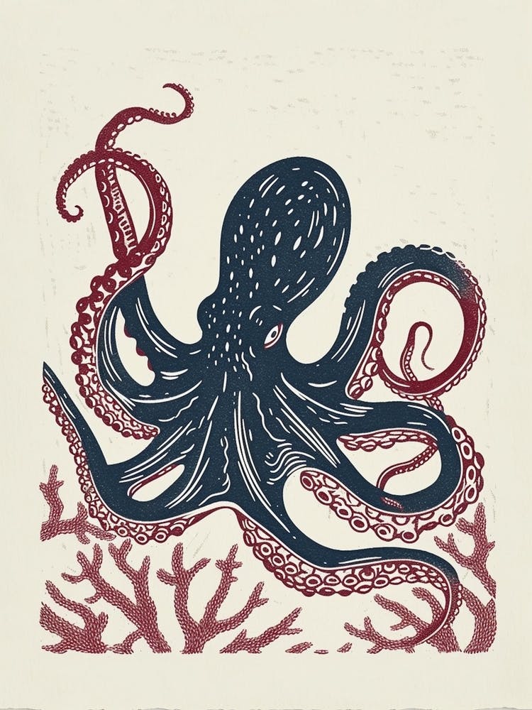 Linocut Inspired Navy Red Octopus With Coral 2