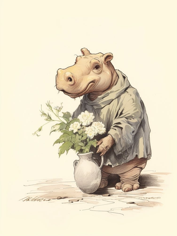 Storybook Animal Watercolour Hippopotamus 3