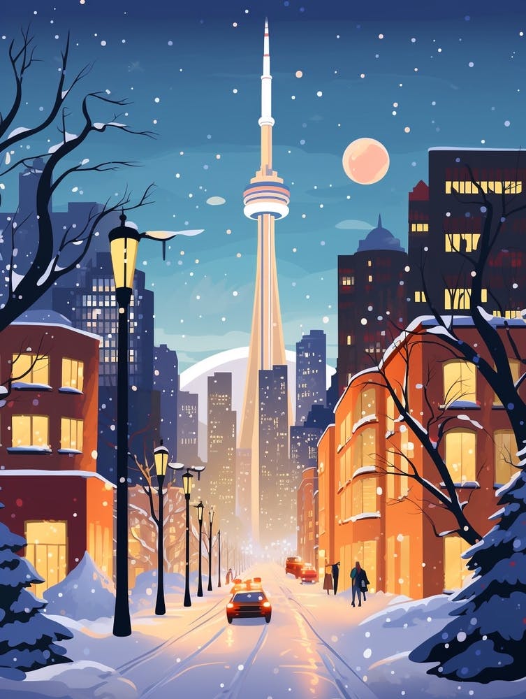 Winter Travel Night Illustration Toronto Canada 1