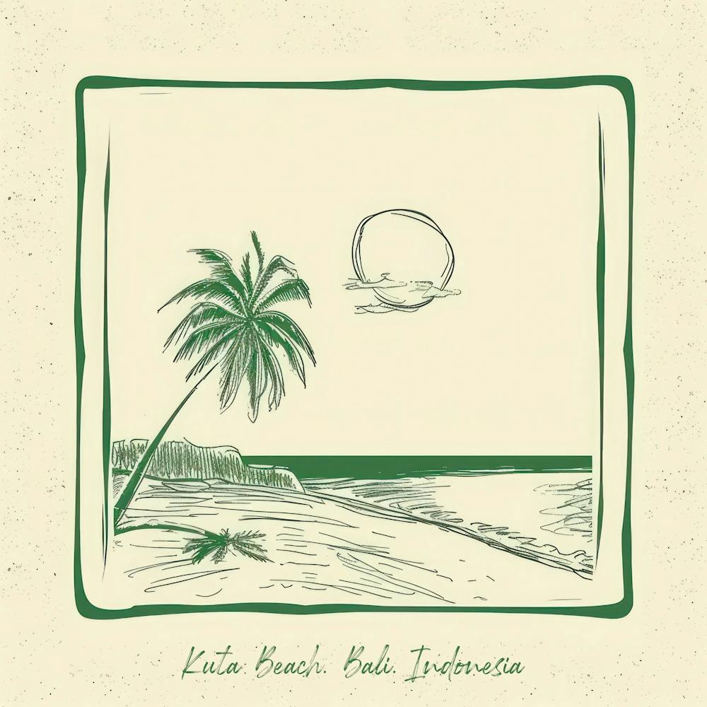 Kuta Beach, Bali, Indonesia Green Line Art Illustration