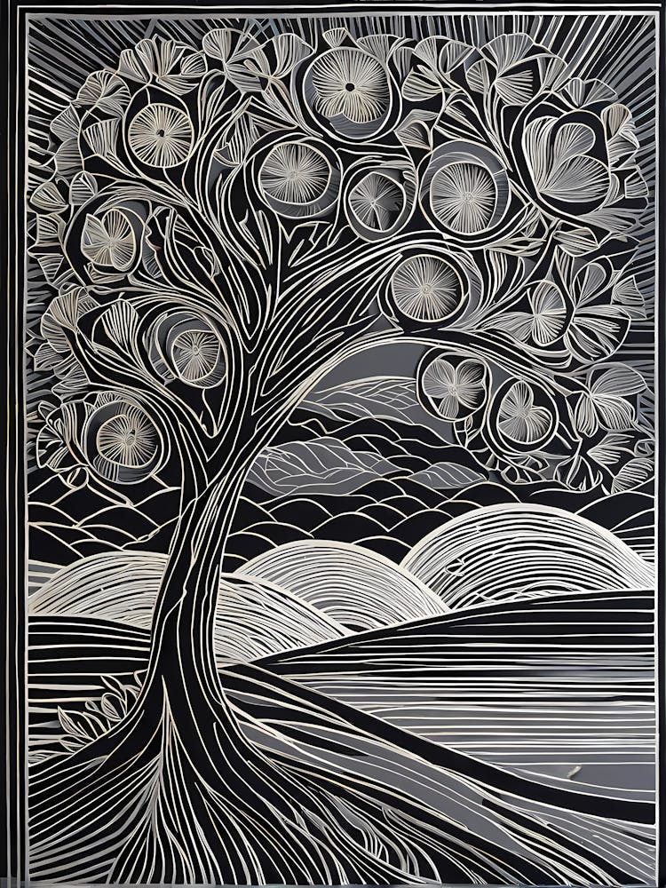 A Linocut Artwork That Visualizes The Echoes Of Forgotten Dreams As Delicate Intertwined tree, 143
