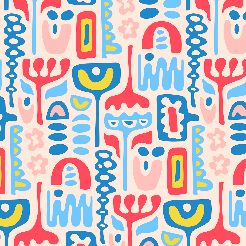 DREAMSCAPE Retro 70s Abstract Organic Floral Botanical Shapes in Icy Blues Red Pink Sunshine Yellow on Cream