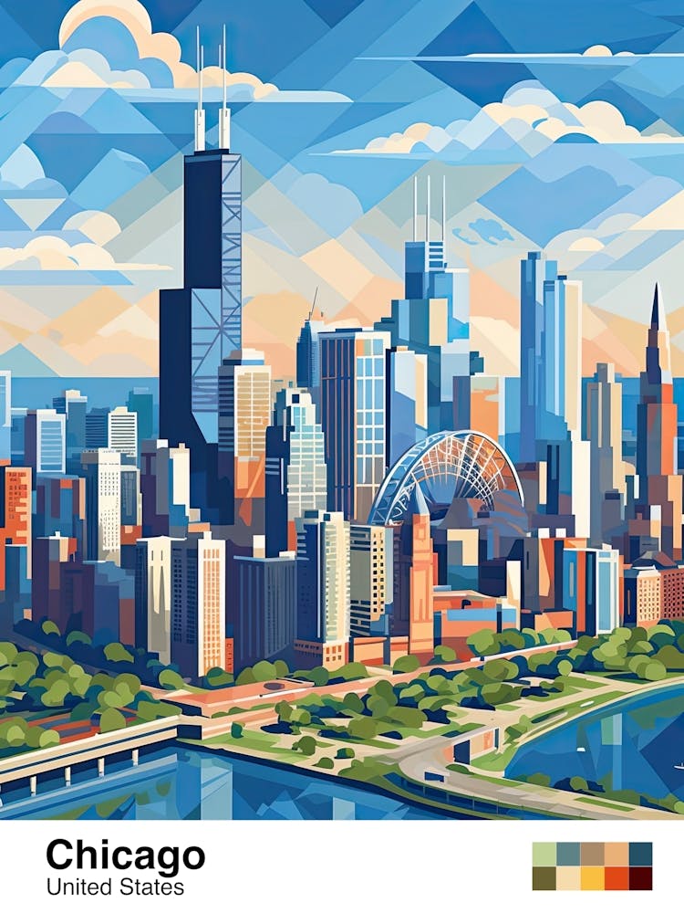 Chicago, Usa, Geometric Illustration 2 Affiche
