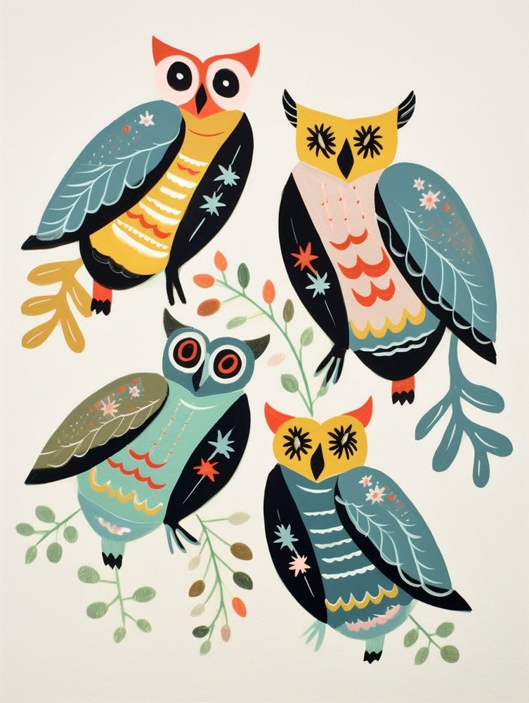 Folk Style Bird Painting Great Horned Owl 2