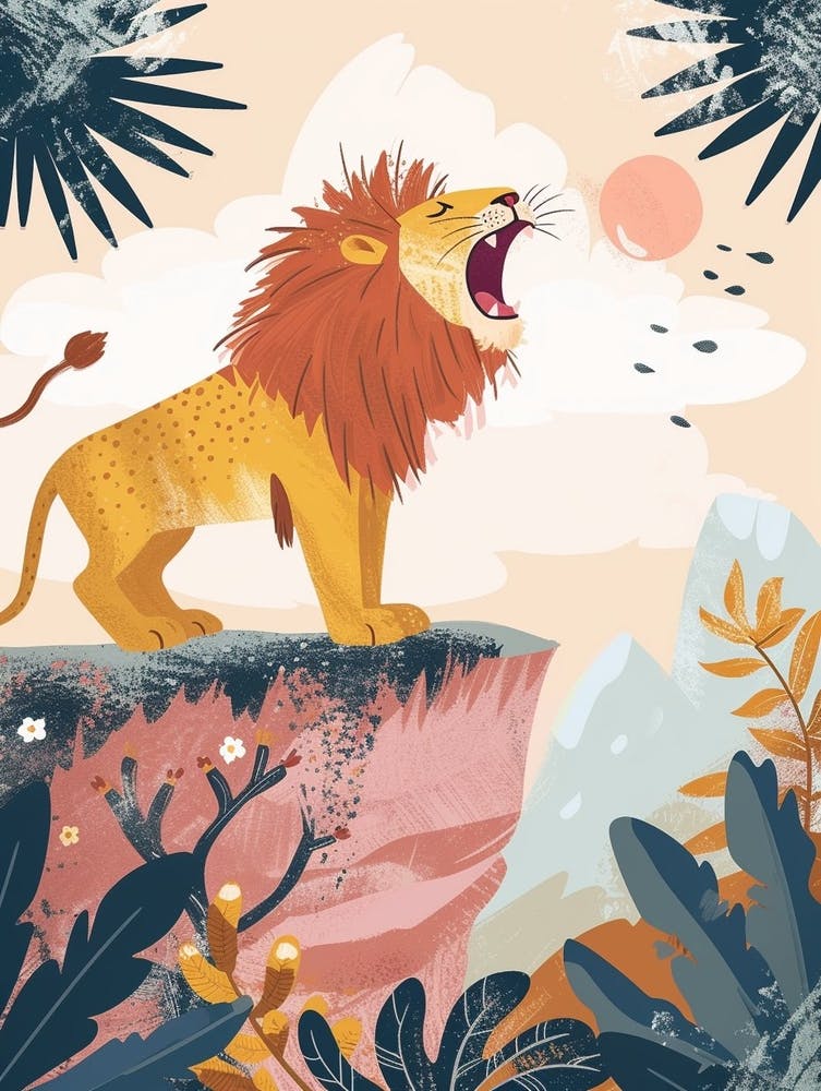 African Lion Roaring On A Cliff Illustration 1