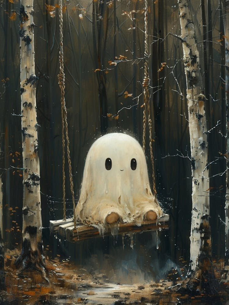 Oil Painting Illustration Of Intricately Merges Dark Academia And Boho, Portraying A Cute Ghost Whimsically Seated On A Swing