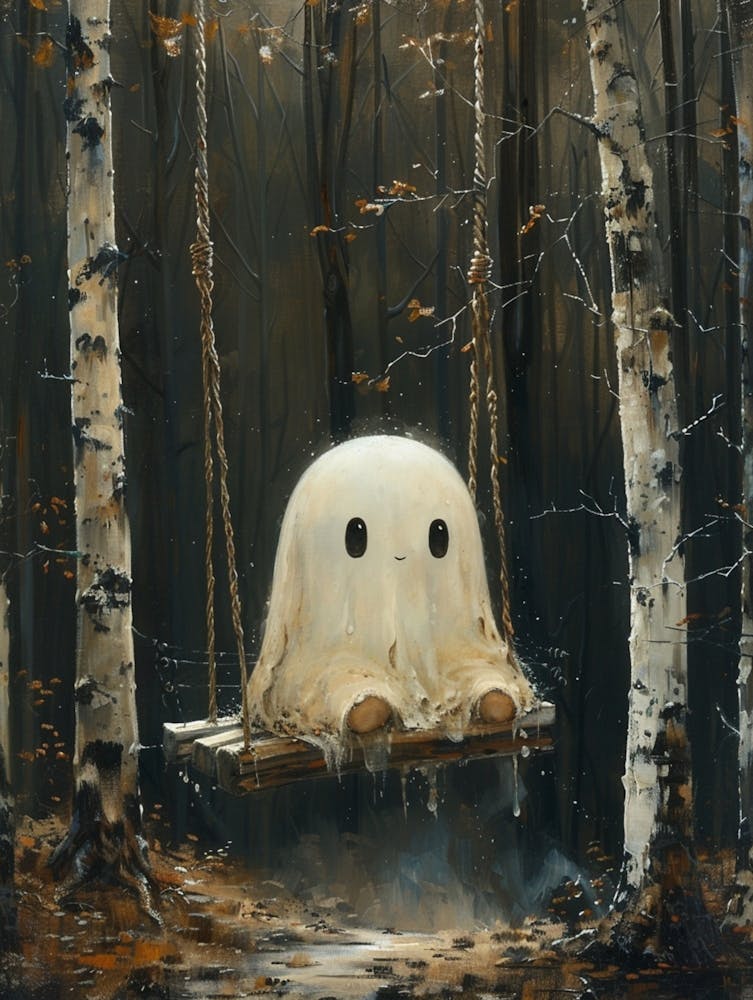 Oil Painting Illustration Of Intricately Merges Dark Academia And Boho, Portraying A Cute Ghost Whimsically Seated On A Swing