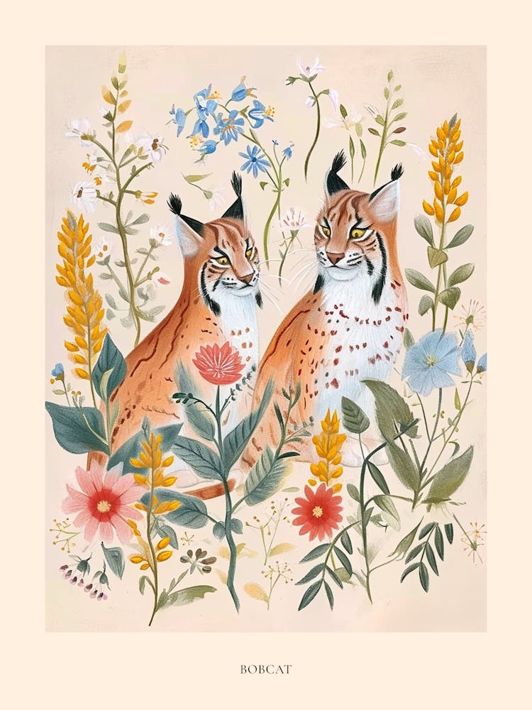 Folksy Floral Animal Drawing Bobcat 4 Poster