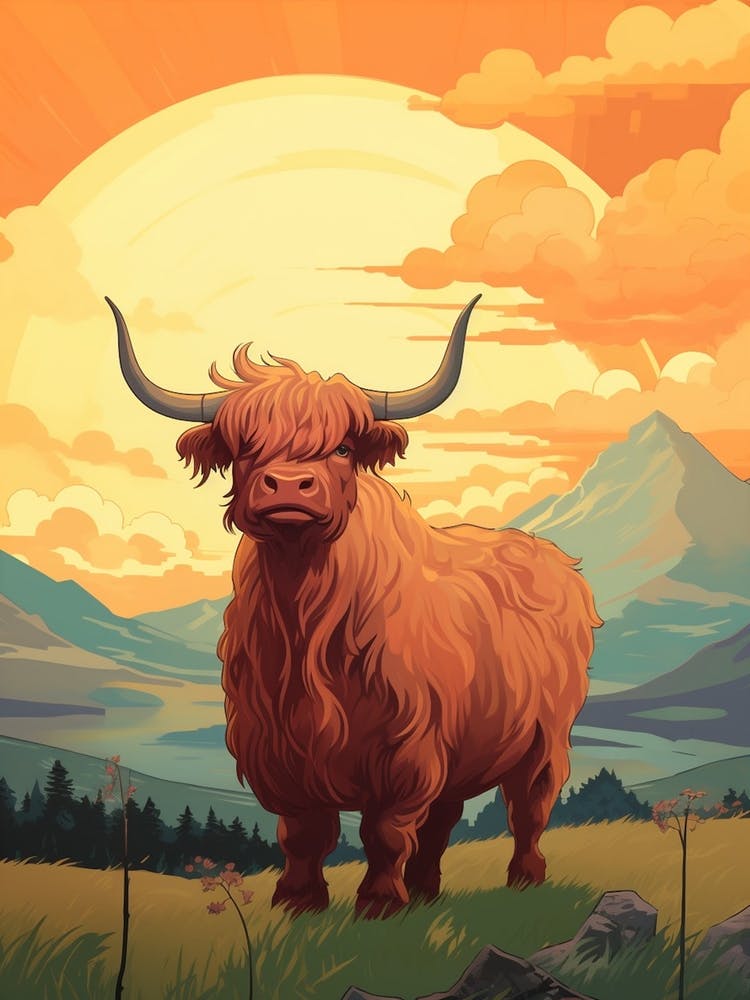 Brown Hairy Highland Cow In The Sunset 3