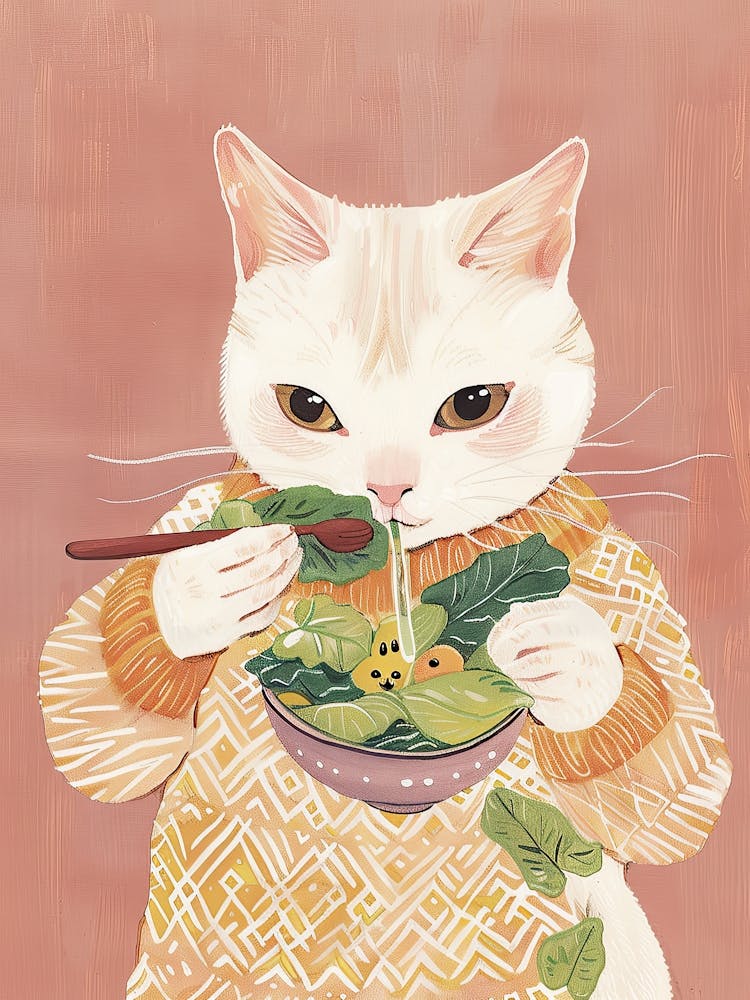 Cute White Tan Cat Eating Salad Folk Illustration 3