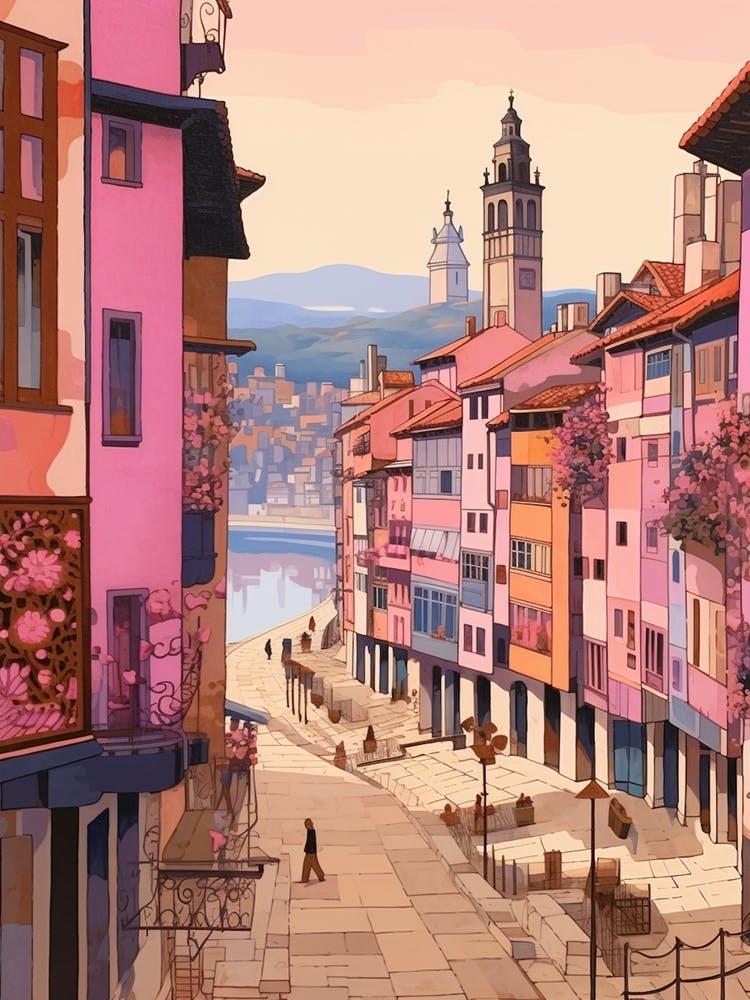 Santander Spain 1 Vintage Pink Travel Illustration