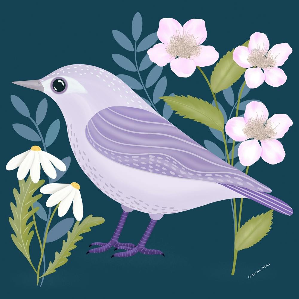Folk Art Lilac Bird With Flowers Square