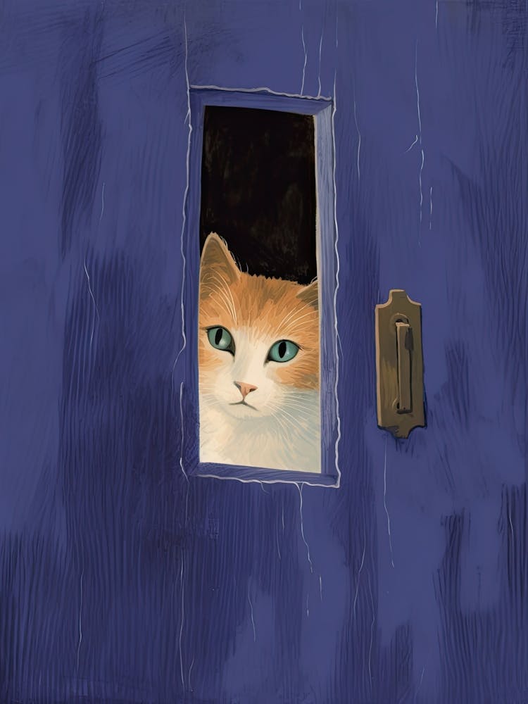 Cat Peeking Out Of A Blue Door