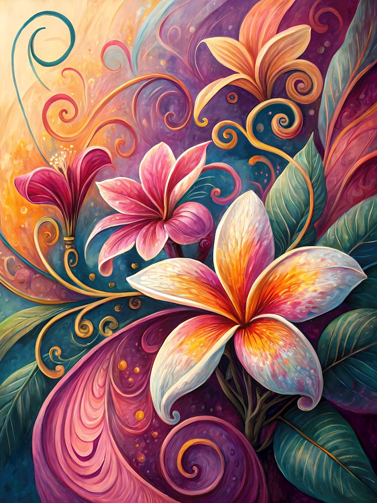 Oil Painting Style Vibrant Abstract Frangipani Colorful Floral